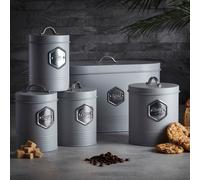 5 Piece Bread Biscuit Tea Coffee Sugar Storage Set with Silver Labels Cooks Professional Grey One Size