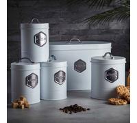 5 Piece Bread Biscuit Tea Coffee Sugar Storage Set with Silver Labels Cooks Professional White One Size