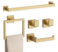 5-Piece Brushed Gold Bathroom Accessories Set - 23.6" Towel Bar, Towel Ring, Toilet Paper Holder & Hooks, Wall Mounted Bathroom Hardware, Rust & Corrosion-Resistant, Ideal for Modern Bathrooms