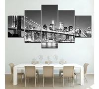 5 Piece Canvas Wall Art For Living Room Black And White Brooklyn Bridge Night View HD Painting For Modern Home Decor The Room Stretched And Framed Ready To Hang Artwork