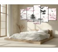 5 Piece Canvas Wall Art Prints Oriental Asian Cherry Blossom Large Wall Pictures for Living Room Ink Painting Bird Framed Modern Artwork for Bedroom Home Decoration Japanese Pagoda Ready to Hang