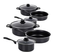 5 Piece Carbon Steel Cookware Set with Lids & Bakelite Handle - Non Stick Cooking Saucepans Pot & Frying Pans | Suitable for Gas, Electric, Halogen & Solid Hotplates - Tempered Glass Lid, Black