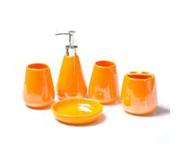 5-Piece Ceramic Bathroom Set, Soap Dispenser, Toothbrush Holder & Soap Dish with 2 Tumblers, 6 Color Options Bath Set(Orange)