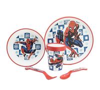 5 Piece Children's Dishwasher with Anti-Slip Base Plate, Bowl, 260ML Glass and CUTLERS. BPA Free | Spiderman Arachnid Grid