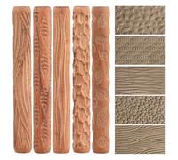 5-Piece Clay Crafting Pattern Rollers, Wood Rollers for Pottery with Leaf, Fish, Cobblestone, Ripple, and Wood Grain Textures
