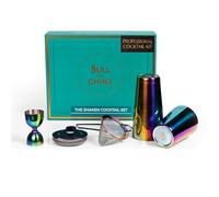 5 Piece Cocktail Kit by Bull In China - Premium Bartender Gift Set Includes Weighted 2 Piece Boston Shaker, Hammered Bell Jigger, Hawthorne Strainer & Fine Mesh Strainer (Rainbow Chrome)