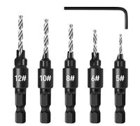 5 Piece Countersink Drill Bit Set for Woodworking, Fixinus 1/4” Hex Shank HSS Counterbore Hole Drill Bit, 5/6/8/10/12# Counter Sinker Set with L Wrench