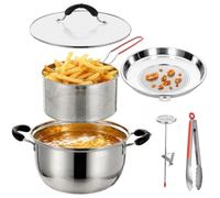 5-Piece Deep Frying Pot Set | Grade 304 Stainless Steel with Tri-Ply Base | Includes Draining Basket, Strainer, Tongs & Thermometer | Compatible with Induction, Gas & Electric Hobs | 25.7cm Capacity