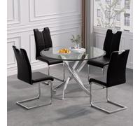 5 Piece Dining Set - 36 inch Round Glass Table with 4 Black Leather Chairs Modern Kitchen Furniture Stylish Dining Chair Set for 4 Perfect for Apartments and Dining Rooms