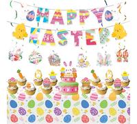 5-Piece Easter Bunny & Egg Party Decor Kit - Banner, Hanging Spirals, Cake Toppers & Tablecloth for Spring Easter