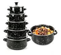 5-Piece Enamel Stock Pot Set with Lids, 16/18/20/22/24cm (1.1L-4L), Induction Compatible Vintage Black Enamelware Cooking Pot Set for Family Soup Stew, Glass Lid Saucepan Set for Gas Electric Hobs