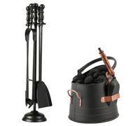 5 Piece Fireplace Accessories Set - Coal Scuttle Kindling Bucket & 4pc Fireside Companion Set Recycled Iron Matte Black Hearth Tidy Fireplace Tools Log Fire Accessories (Tools & Coal Scuttle)