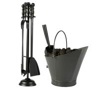 5 Piece Fireplace Accessories Set - Coal Scuttle Kindling Bucket & 4pc Fireside Companion Set Recycled Iron Matte Black Hearth Tidy Fireplace Tools Log Fire Accessories (Tools & Coal Hod)