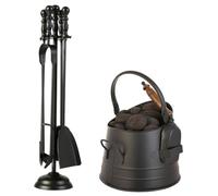5 Piece Fireplace Accessories Set (Tools & Coal Scuttle) | 4pc Fireside Companion Set, Coal Scuttle, Recycled Metal, Cast Iron, Matte Black, Fireplace Tools, Fireplace Storage