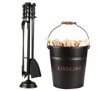 5 Piece Fireplace Accessories Set (Tools & Kindling Bucket) | 4pc Fireside Companion Set, Coal Scuttle, Recycled Metal, Cast Iron, Matte Black, Fireplace Tools, Fireplace Storage