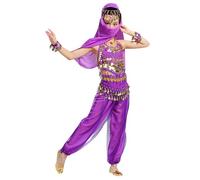 5 Piece Girls Belly Dance Costume Dance Outfits Kids Indian Belly Dance Girls Performance Outfits Girls Pants Top Waist Chain Wristbands Bracelets Belly Dancing Costume Set (Purple, 11-12 Years)