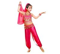 5 Piece Girls Belly Dance Costume Sequin Crop Top + Chiffon Lantern Harem Pants + Head Veil + Hip Scarf + Bracelets Set Dance Outfits Kids Indian Belly Dance Girls Performance Outfits