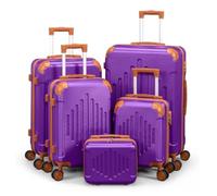 5 Piece Hard Shell Luggage Set, Expandable PP Hardside Suitcases with 360° Spinner Wheels, Lightweight Travel Cases, Telescopic Handle, 12 16 20 24 28 Inch (Dark purple paired with brown)