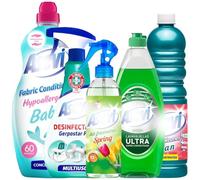 5 Piece Household Spanish Cleaning Products Bundle Giftset with Spring Fresh Air Freshener 400ml, Washing Up Liquid 650ml, Multipurpose Disinfectant 750ml, Cian Floor Cleaner 1L, Baby Fabric Softener