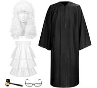 5 Piece Judge Costume Set for Adults | Black Judge Robe with White Wig, False Collar, Gavel and Glasses, Halloween Cosplay Fancy Dress Accessories