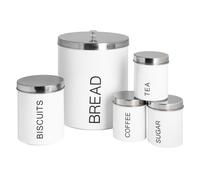 Harbour Housewares Round Kitchen Canisters Set - 5pc Set - White - Metal Kitchen Storage Tea Coffee Sugar Canisters Bread Bin Cookie Jar Biscuit Barrel with Airtight Lid