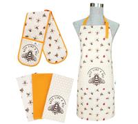 5-Piece Kitchen Linen Set - 3 Tea Towels, Apron, and Double Oven Gloves for Everyday Cooking, Baking, and Grilling - Durable, Heat-Resistant, and Easy to Clean-Bumble Bee Design