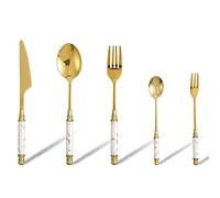 5-Piece Kitchen Silverware Cutlery Set with 410 Stainless Steel Marble Texture Ceramic Handle, Unique Handle Design, Including Knife/Fork/Spoon (White Handle)