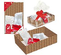 5 Piece Make Your Own Christmas Luxury Hamper Gift Packing Kit Empty Wicker Effect Card Board Gift Box with Red Pull Bow Ribbon, Tissue Shred, Gift Tag and Cello Wrap- XMAS (Set of 2 Extra Large)