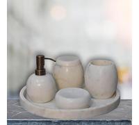 5-Piece Marble Bathroom Accessories Set with Sustainable Durable Design, Hand-Finished Set with Mango Wood, 10L x 10W x 14H cm, White Aosom UK