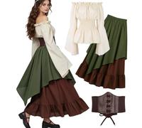 5 Piece Medieval Clothing Set Womens Retro Off Shoulder Blast Renaissance Costume Victorian Maxidress with Corset Waist Pack Belt for Carnival Masquerade (Green, Size XL)