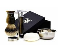 5 Piece Men's Shaving Set with a Traditional Safety Razor, Silver Tip Hair Shaving Brush, Stainless Steel Double Stand for Razor and Brush Shaving Soap and Bowl