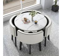 5 Piece Modern Dining Table Set, Kitchen Table Set for 4, Dining Table and Chairs Set 4 with 4 Faux Leather Chairs, Dining Room Table Set for Small Space Apartment (White Round Black Chair)