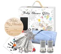 5-Piece Newborn Gift Set - Grey Blanket, Elephant Comforter, Hand & Footprint Kit, Socks & 'Hello World' Announcement Sign - Unisex Baby Shower Present