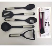 5 Piece Nylon Black Kitchen UTENCIL Tool Set LADLE Masher Spoon Slotted Turner