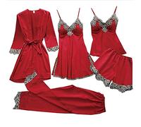 5 Piece Pajama Set Women Sexy Pajamas Set Silk Satin Lace Sleepwear 5 Piece Lingerie Robe Gown Lightweight Nightwear Lace Nightdress Pajamas with Pants Belt Lace Trim Loungewear Gifts for Women Set