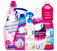 5 Piece Pink Bundle Spanish Cleaning Products Giftset, White Jasmine Air Freshener 400ml Clothes Scent Booster 720ml Floor Cleaner Disinfectant 1L Fabric Stain Remover 720ml Fabric Softener 60 Washes