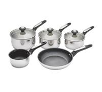 Morphy Richards 5-Piece Stainless Steel Pan Set, Dual Pouring Spout Non Stick, Tempered Glass Lid, Soft Touch, Suitable for All Hobs |Milk Pan| 16/18/20cm Saucepans |24cm Frying Pan | 859505