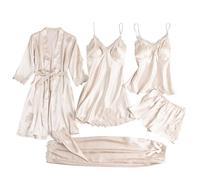 5 Piece Pyjamas Set Women Satin Silk Pajamas Kimono Robe Floral Lace Cami Tops Shorts Pants Nightdress Bathrobe Pjs Sets Sleepwear Soft Comfy Loungewear Ladies Nightwear Sexy Underwear Home Wear