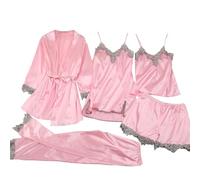 5 Piece Pyjamas Set Women Satin Silk - Women'S Nightwear Satin 5 Pc Set - Loungewear Sets Size 18 Adult Nightshirts Plus Size Cotton Nighties Softy Pyjama Sets Petite Pyjama Night Suit (c-Pink, L)