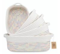 5-Piece Rectangle Storage Basket Set- Natural Cotton Rope Woven Baskets for Organizing! Small Basket for Montessori, Dog Toy Baskets, Bathroom Organization Bin (Off White & Rainbow Stitching)