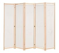 5-Piece Room Divider Cream Fabric and Solid Fir Wood 200 x 170 x 4 cm Freestanding Foldable with 8 Pockets as Privacy Screen and Room Divider for Living Room Bedroom Office