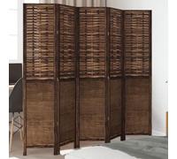 5-Piece Room Divider Dark Brown Paulownia Solid Wood with Bamboo Privacy Screen Foldable Freestanding 180 x 180 cm Foldable Versatile for Living Room Bedroom Office Decorative Divider