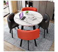 5-Piece Round Dining Set - 80cm/90cm Wooden Table with Metal Legs & 4 Black Leather Chairs - Perfect for Kitchen Balcony or Office Reception Area