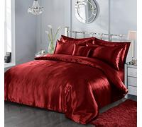 5 Piece Satin Sheets Super Soft Shiny Bedding Sets, 1 x Duvet Cover, 1 x Fitted Bed Sheet, 4 x Pillow Cases, 1 x Cushion Cover, Full Complete Bed Set (Red, Single)