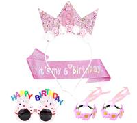 5 Piece Set 6th Birthday Decorations Girl, with Princess Crown, Birthday Sash, Ice Cream Glasses, Perfect for 6th birthday Party, Pink Theme, Ideal for Girls Party