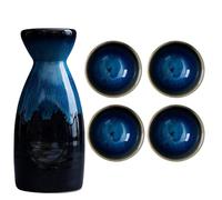 5-Piece Set Japanese Sake, Ceramic Sake Glasses with Bottle and Cups, Glazed Pottery, Microwave & Dishwasher Safe, Blue, Bottle 10.1 oz / 300 ml Cups 3.4 oz / 100 ml
