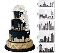 5 Piece Set Landmark Building Plastic Cake Stencils Template for Fondant Cake Decorating Supplies Decor Stencil Mould White Cake Decorating Designer