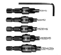 5 Piece Set of HSS Countersink Drill Bits for Wood For Screws, Drilling for Pilot Holes in Sizes #5, #6, #8, #10, #12 with Standard Hex Shank (5-12)