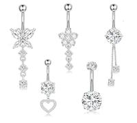 5-Piece Set of Surgical Steel Belly Button Bars, Dazzling Diamond Elements + Nickel-Free Design, Precision Thread System for Easy Wear, Ideal for Daily/Parties/Vacations