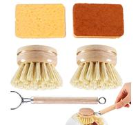 5-Piece Set Wooden Washing Up Brushes for Kitchen, Long Handle Wooden Dish Brushes for Washing Up With 2 Replacement Heads and 2 Sponges, Kitchen Cleaning Pots Pans and Dishes